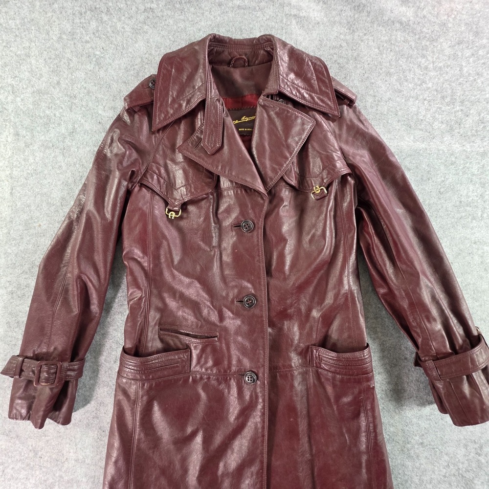 Vintage Etienna Aigner Jacket Womens 8 Oxblood Red Leather Trench Coat 90s - Picture 3 of 16